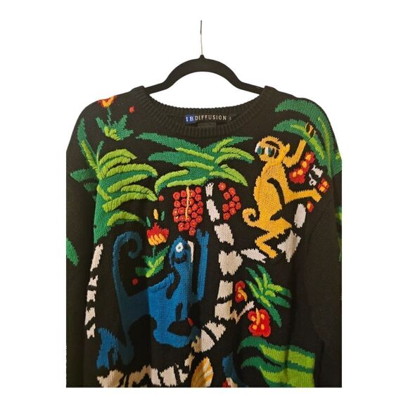 IB DIFFUSION 90s Jungle Monkeys Tropical Embroidered Sweater - Size Large - Picture 3 of 7